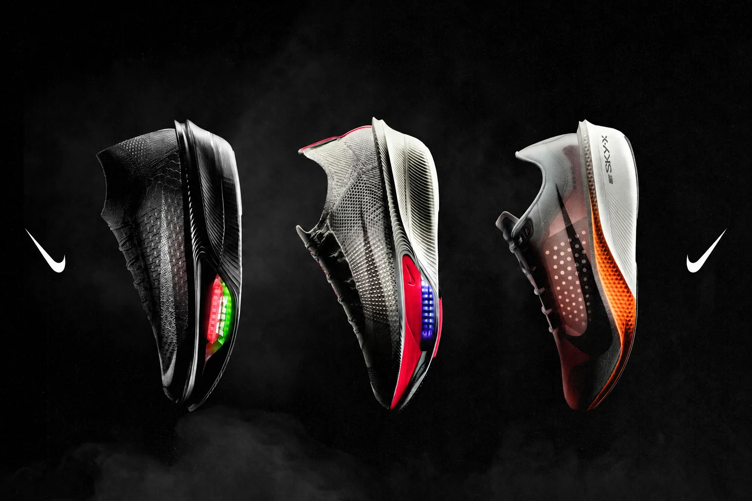 Les Nike Apex, Alphafly 4 et Swooshfly sur un fond noir