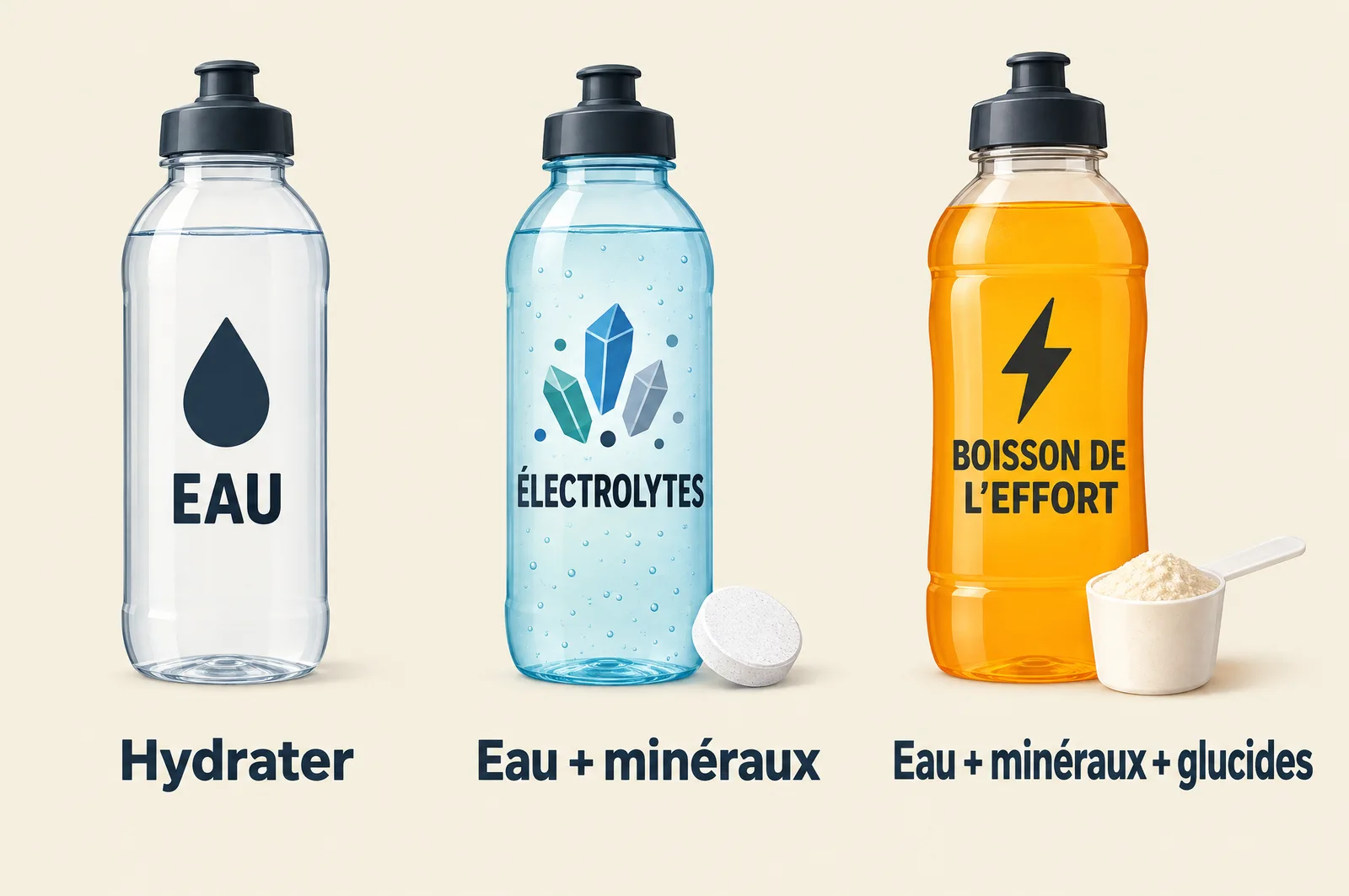 Trois bidons : eau pour hydrater, électrolytes pour les minéraux, boisson de l’effort avec des glucides