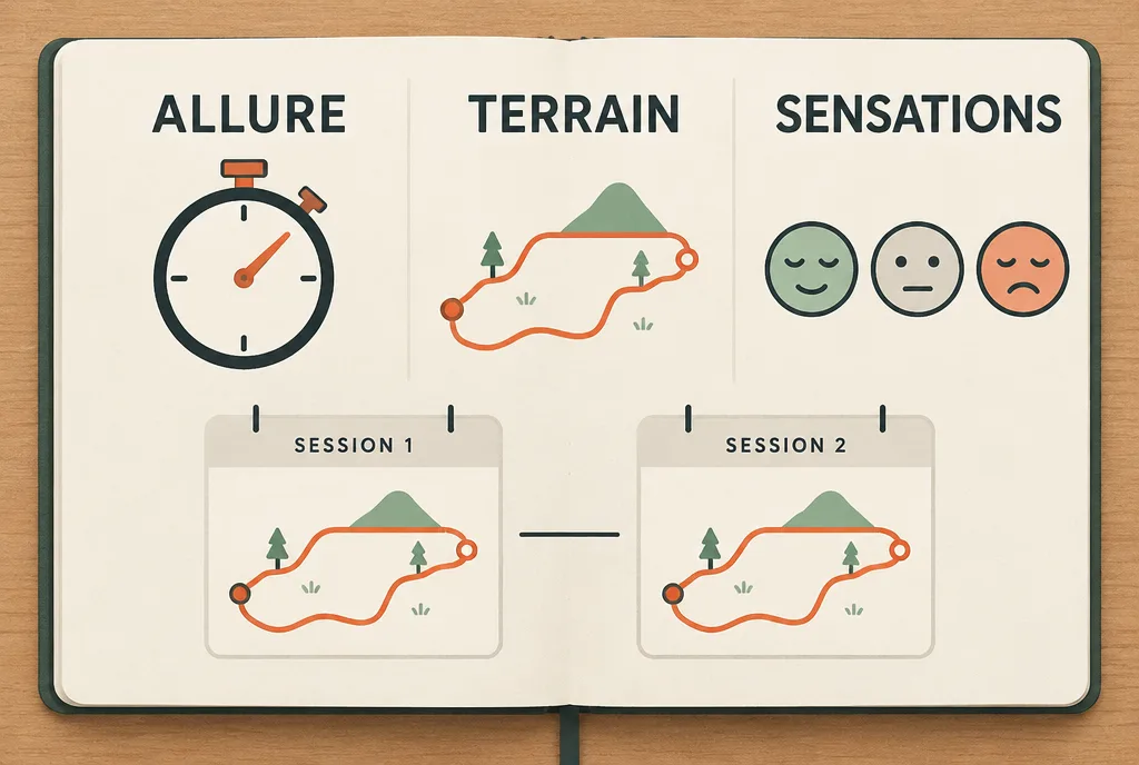 Carnet d’entraînement associant allure, terrain et sensations pour comparer deux séances sur un même parcours