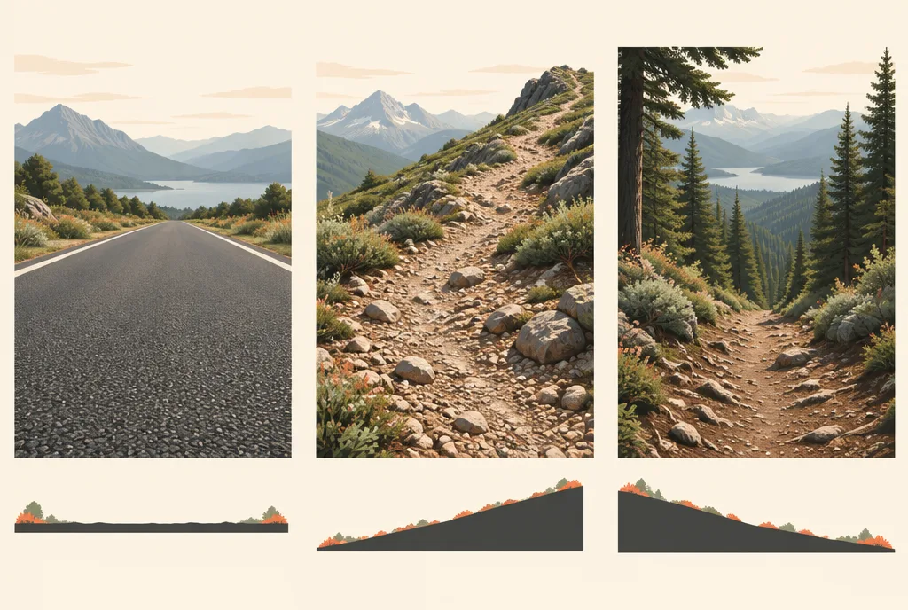 Trois terrains illustrés avec leur profil : route plate à gauche, montée au centre et descente à droite