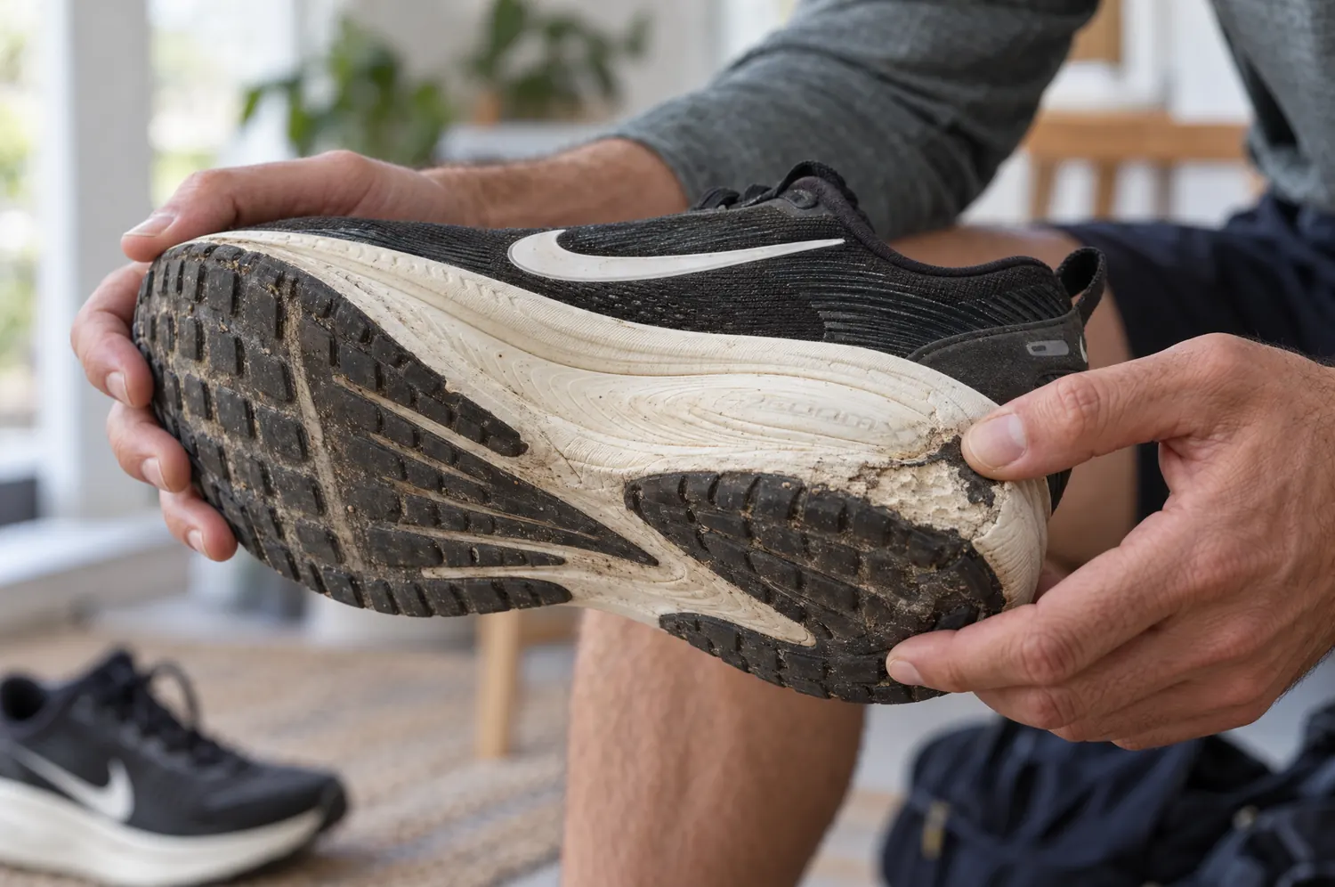 Mains qui tiennent une chaussure de running retournée, le caoutchouc du talon usé jusqu’à la mousse