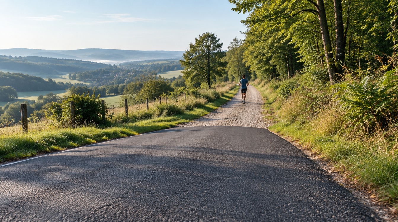 Une route rejoint un chemin de gravier bordé de forêt, avec une personne courant au loin.