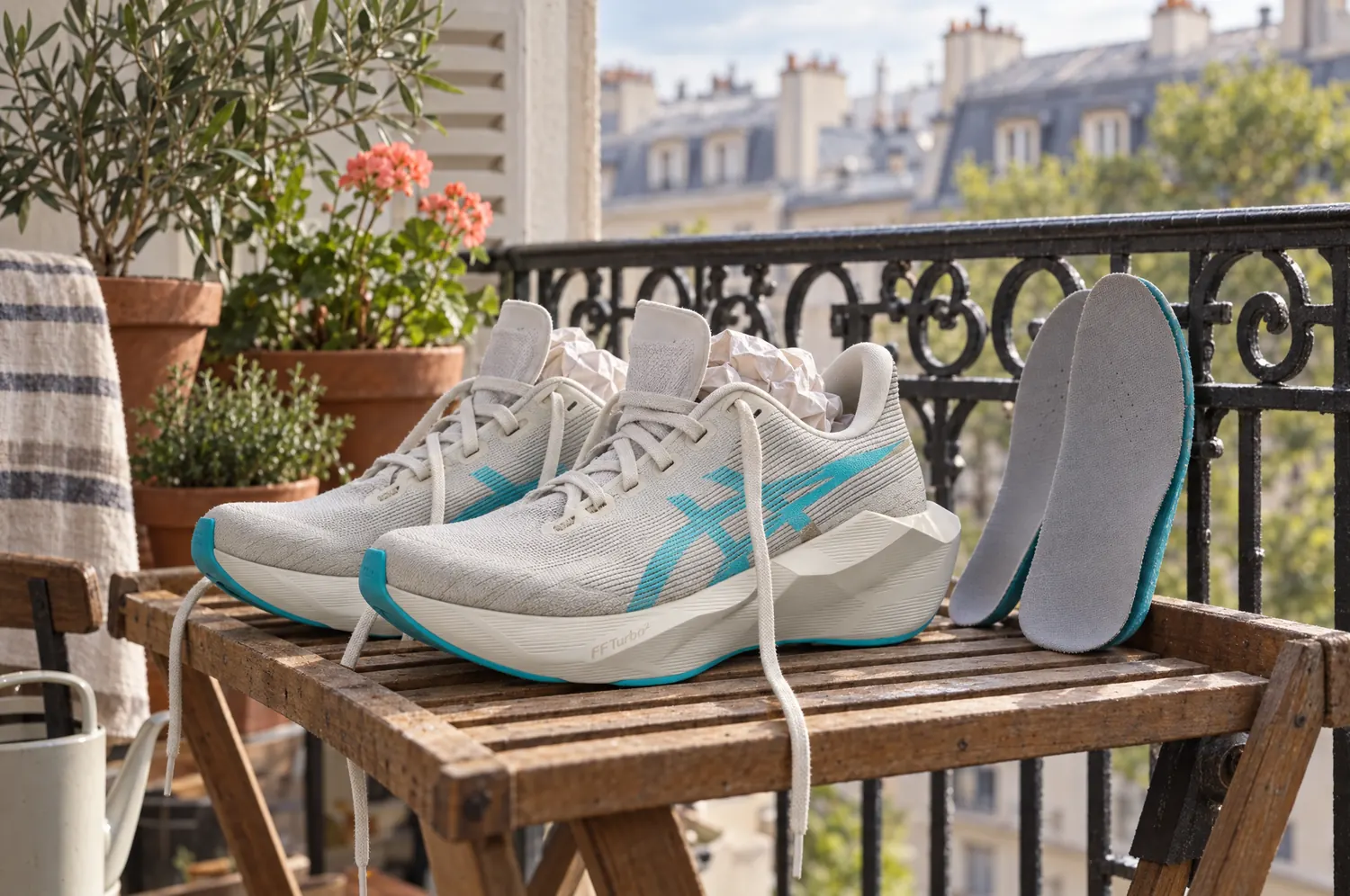 Chaussures de running qui sèchent à l’air libre sur un balcon, papier froissé à l’intérieur et semelles intérieures retirées