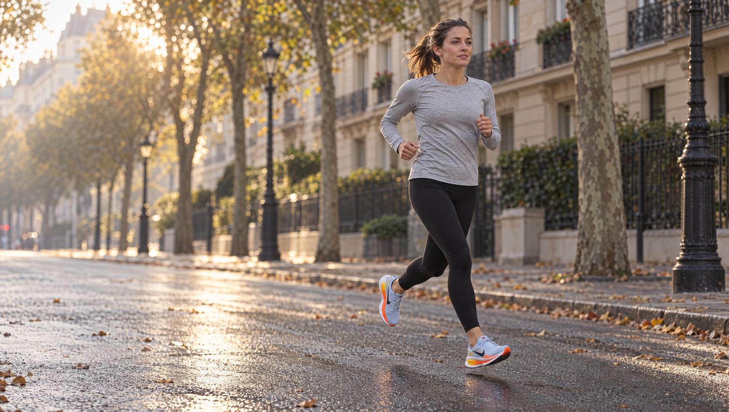 Coureuse en footing sur une avenue bordée d’arbres, au lever du soleil
