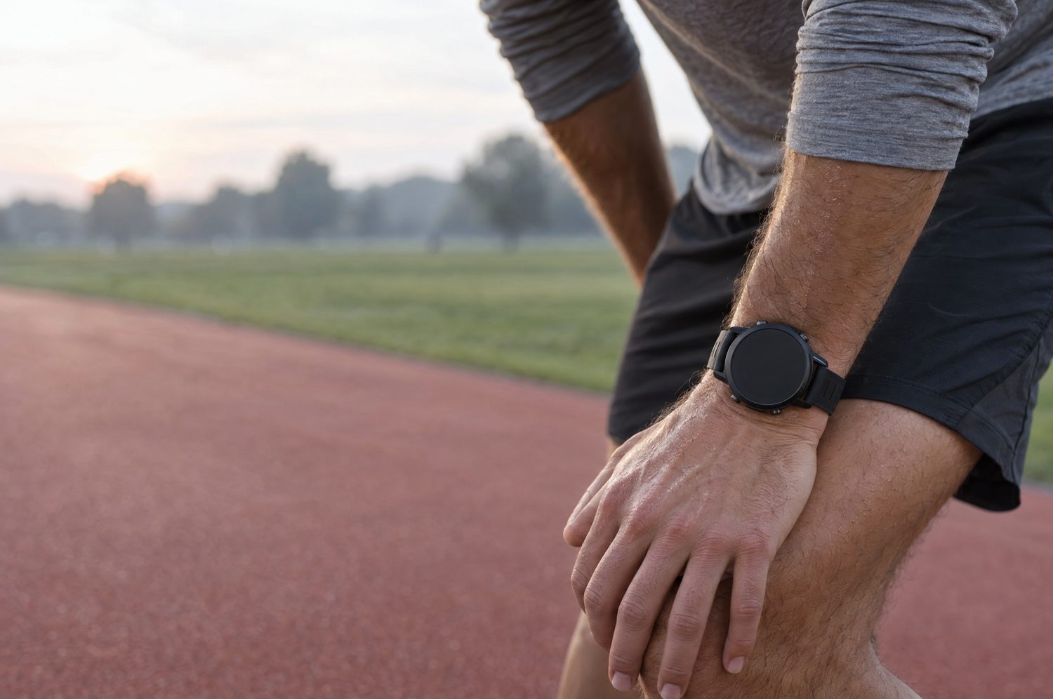 Poignet d’un coureur avec une montre GPS à l’écran éteint, la main posée sur le genou au bord d’une piste, à l’aube