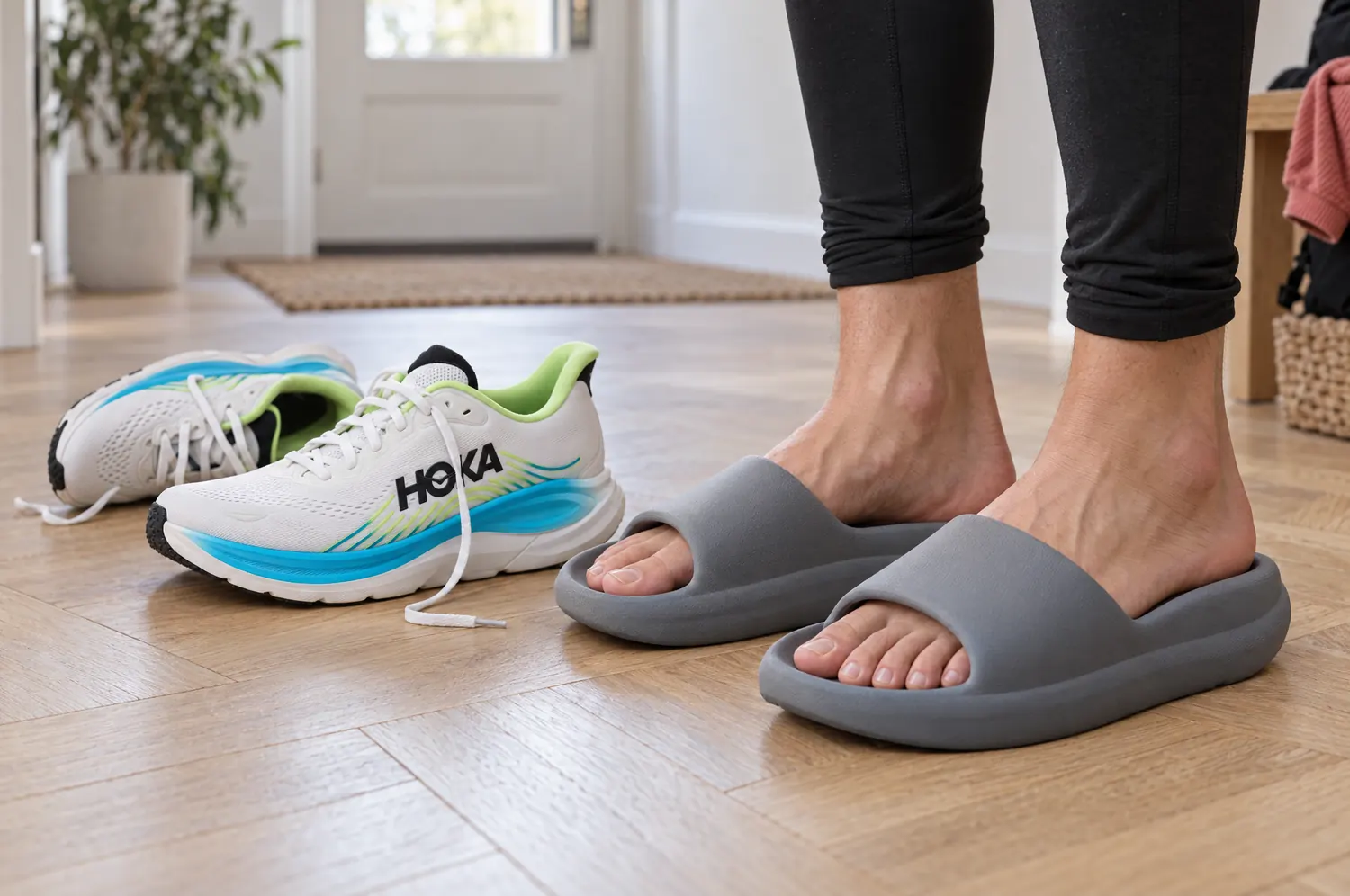 Pieds d’un coureur dans des claquettes épaisses en mousse grise, à côté des chaussures de running qu’il vient de retirer