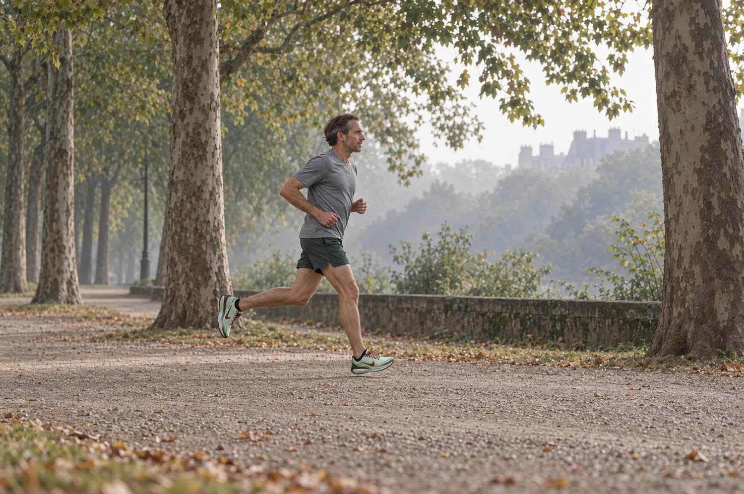 Coureur sur un chemin de parc stabilisé, bordé d’arbres, en chaussures de running route