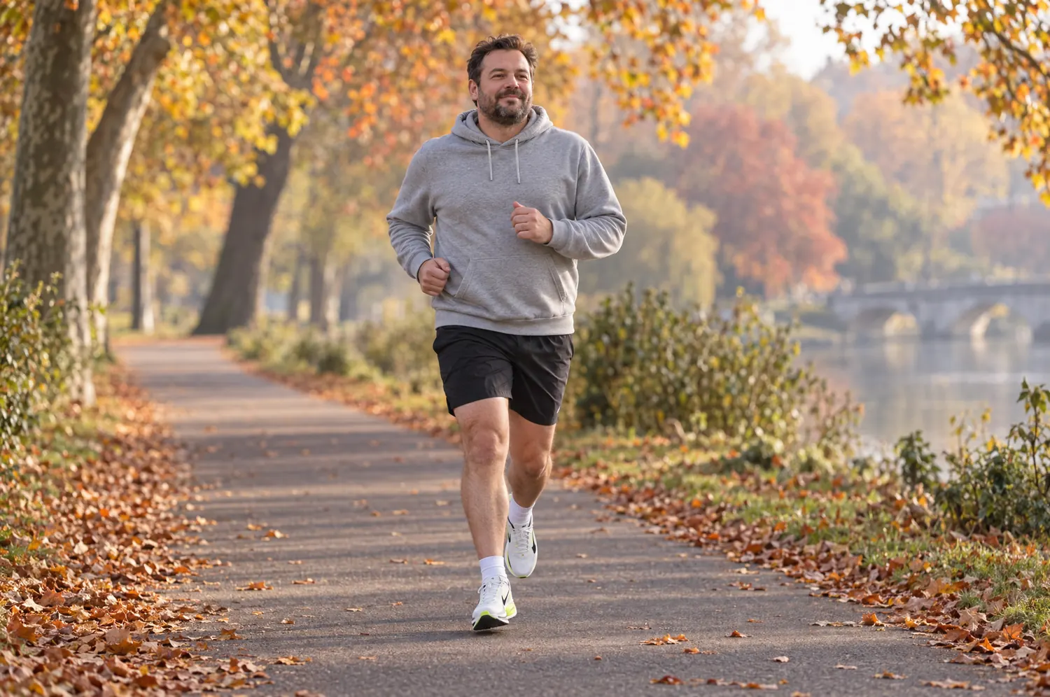Coureur au gabarit robuste en footing sur une allée arborée, en automne