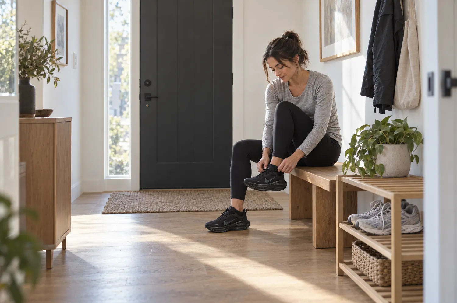 Coureuse qui enfile des chaussures de running noires dans une entrée, une seconde paire rangée sur l’étagère