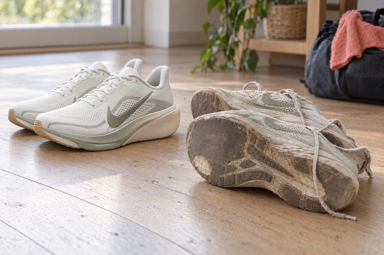 Paire de chaussures de running neuve à côté d’une paire du même modèle très usée