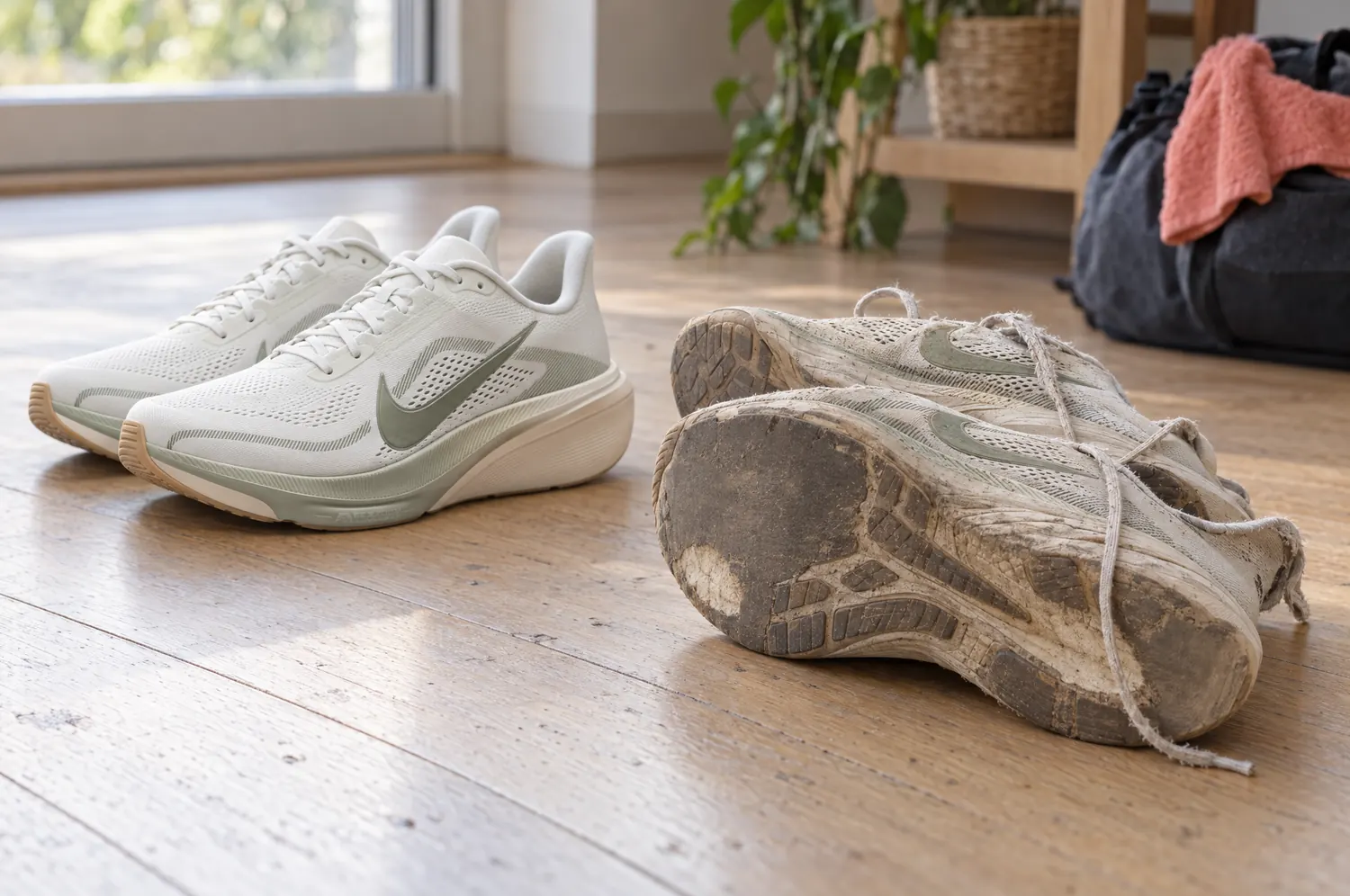 Paire de chaussures de running neuve à côté d’une paire du même modèle très usée