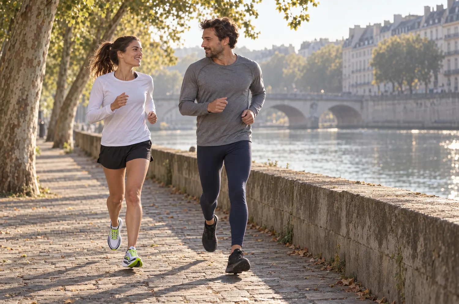 Deux coureurs en footing côte à côte sur un quai pavé, au bord de l’eau