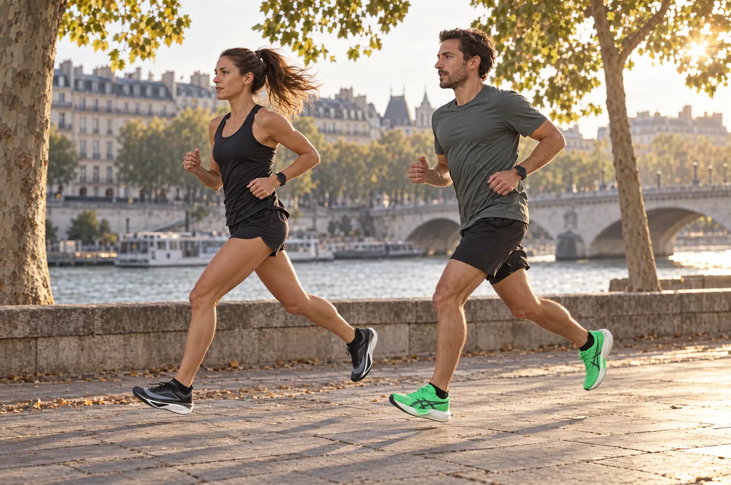 Deux coureurs en fractionné côte à côte sur un quai de Seine en fin d’après-midi
