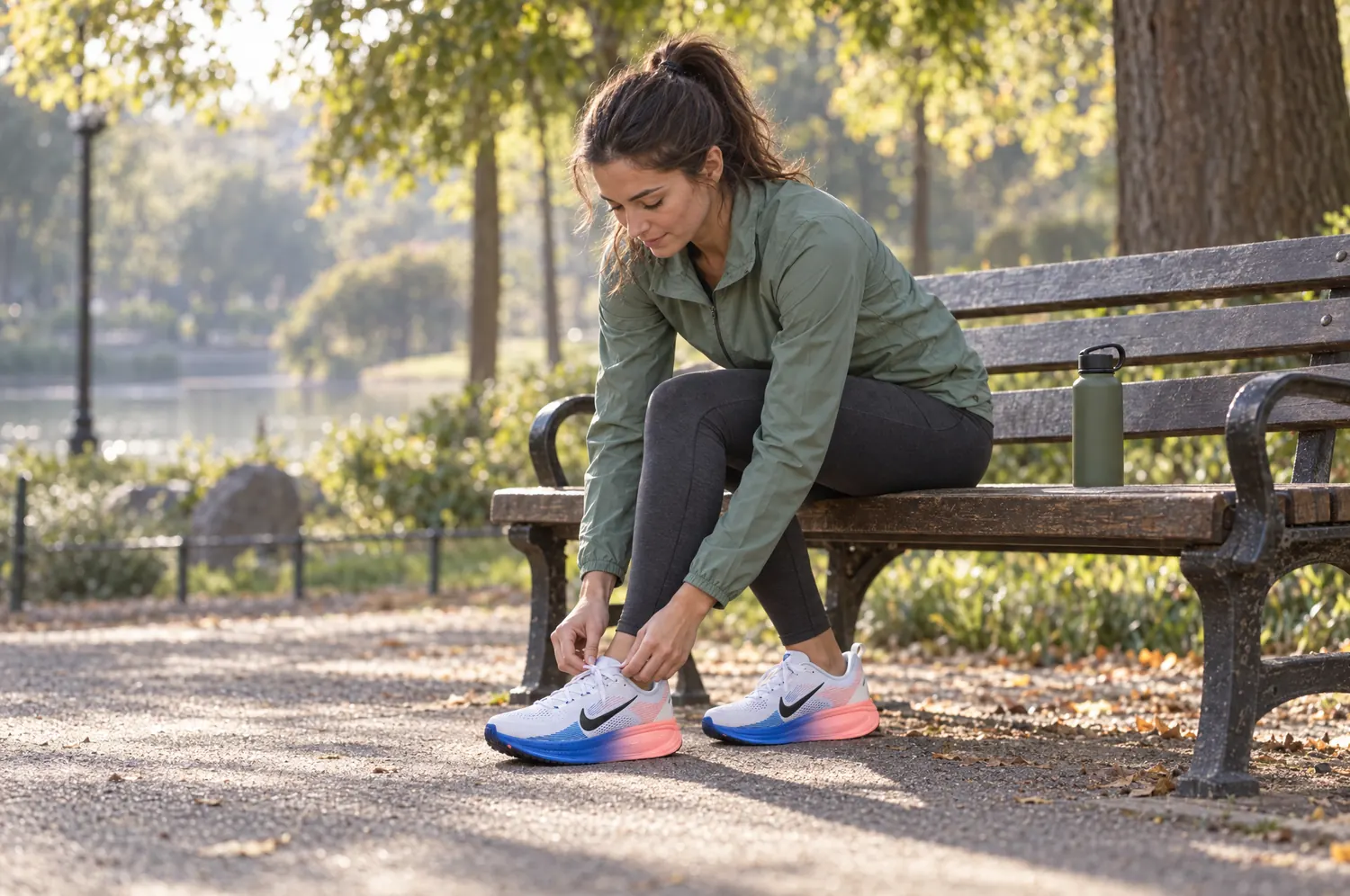 Coureuse assise sur un banc de parc qui lace ses chaussures de running avant une sortie