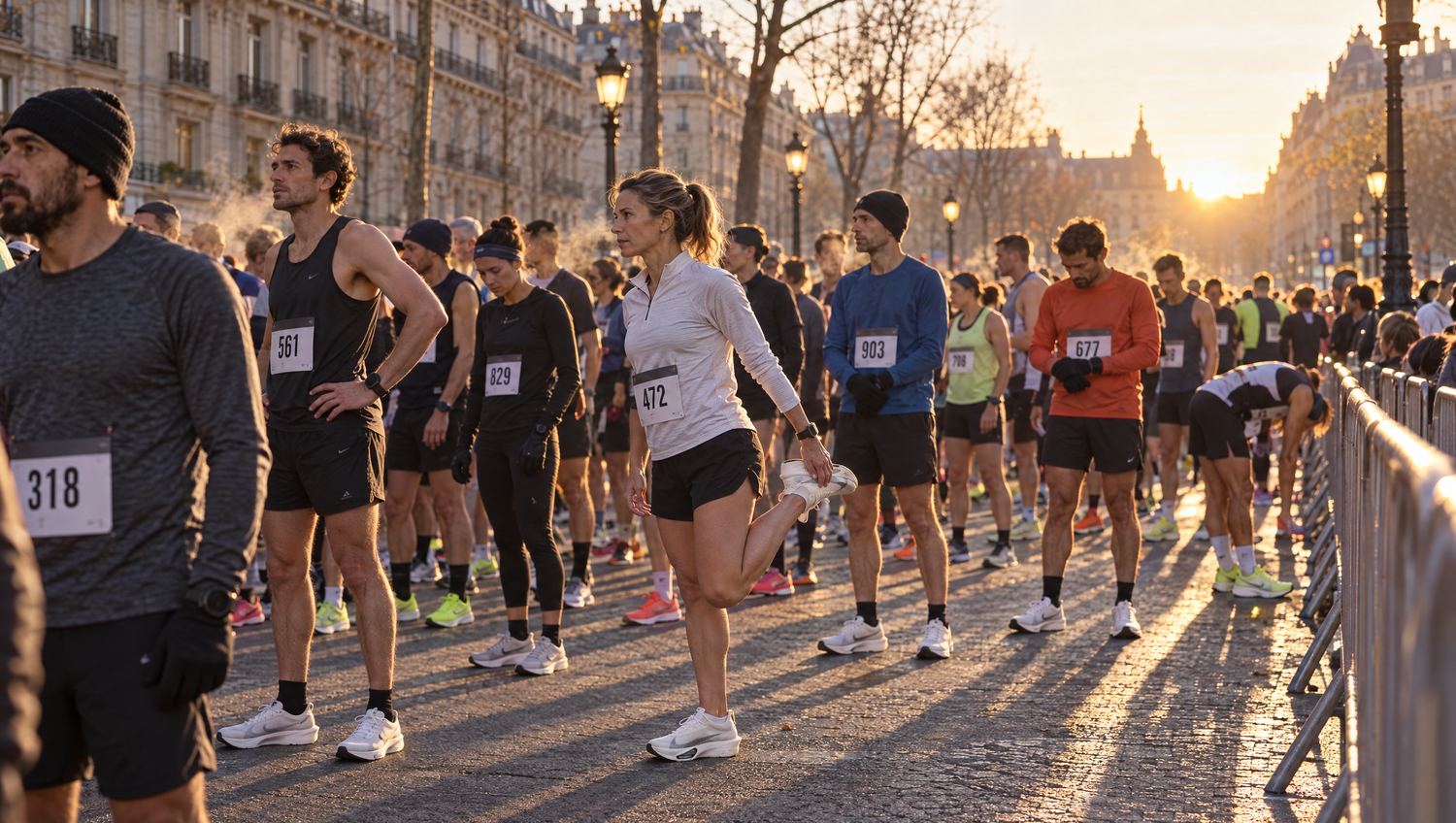 Coureurs dans le sas de départ d’un marathon sur une grande avenue, au lever du soleil