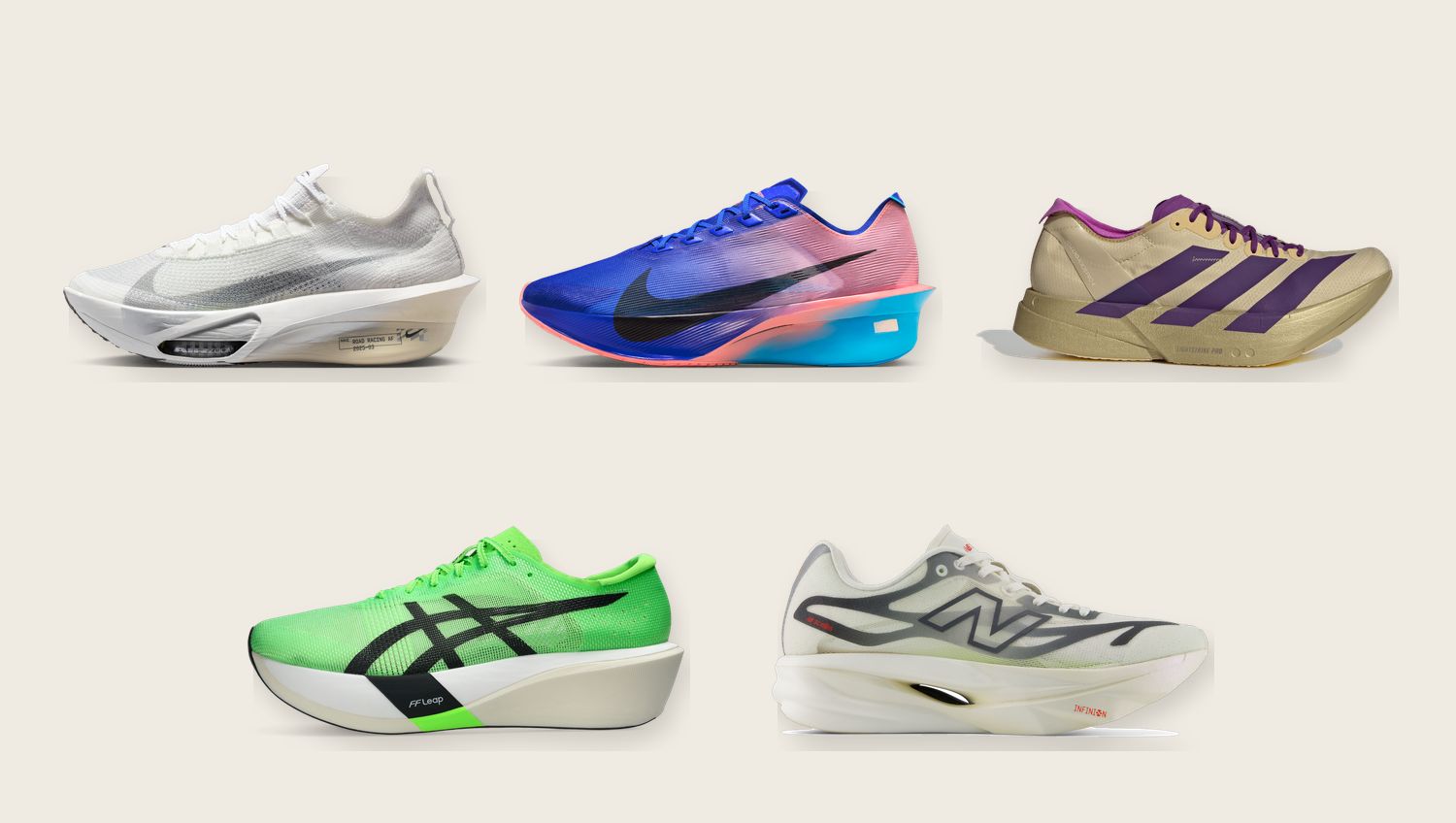 Cinq chaussures de course à plaque carbone de Nike, adidas, ASICS et New Balance, photographiées de profil