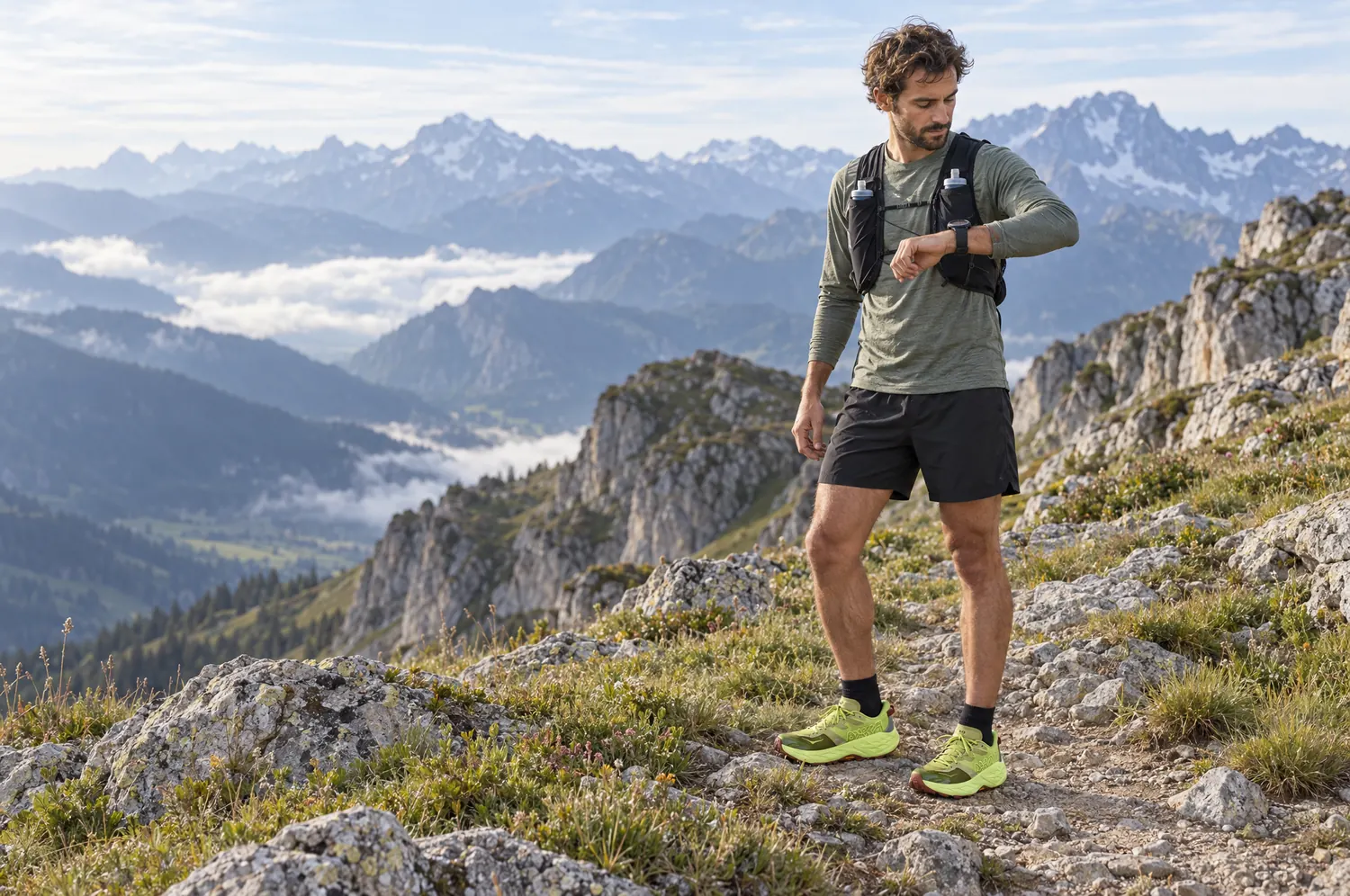 Traileur qui consulte sa montre GPS sur un sentier de crête dans les Alpes