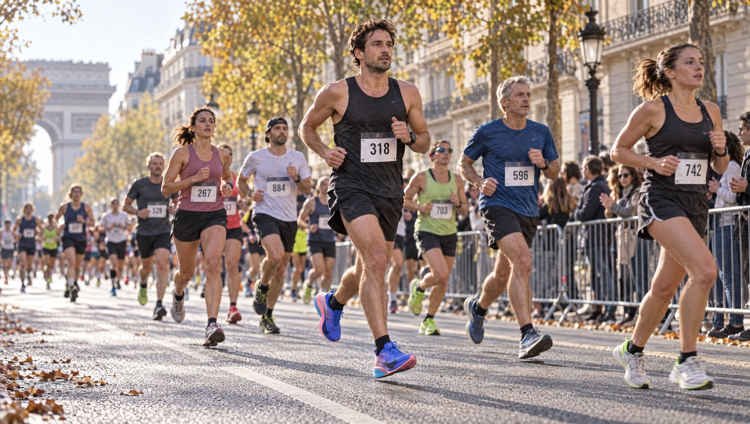 Coureurs en pleine course sur un boulevard parisien bordé d’arbres, un matin d’automne