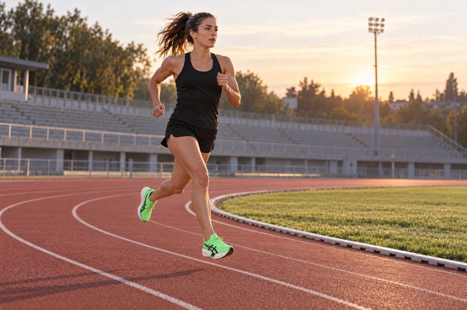 Coureuse en séance rapide sur une piste d’athlétisme au lever du soleil, en chaussures de course à semelle épaisse