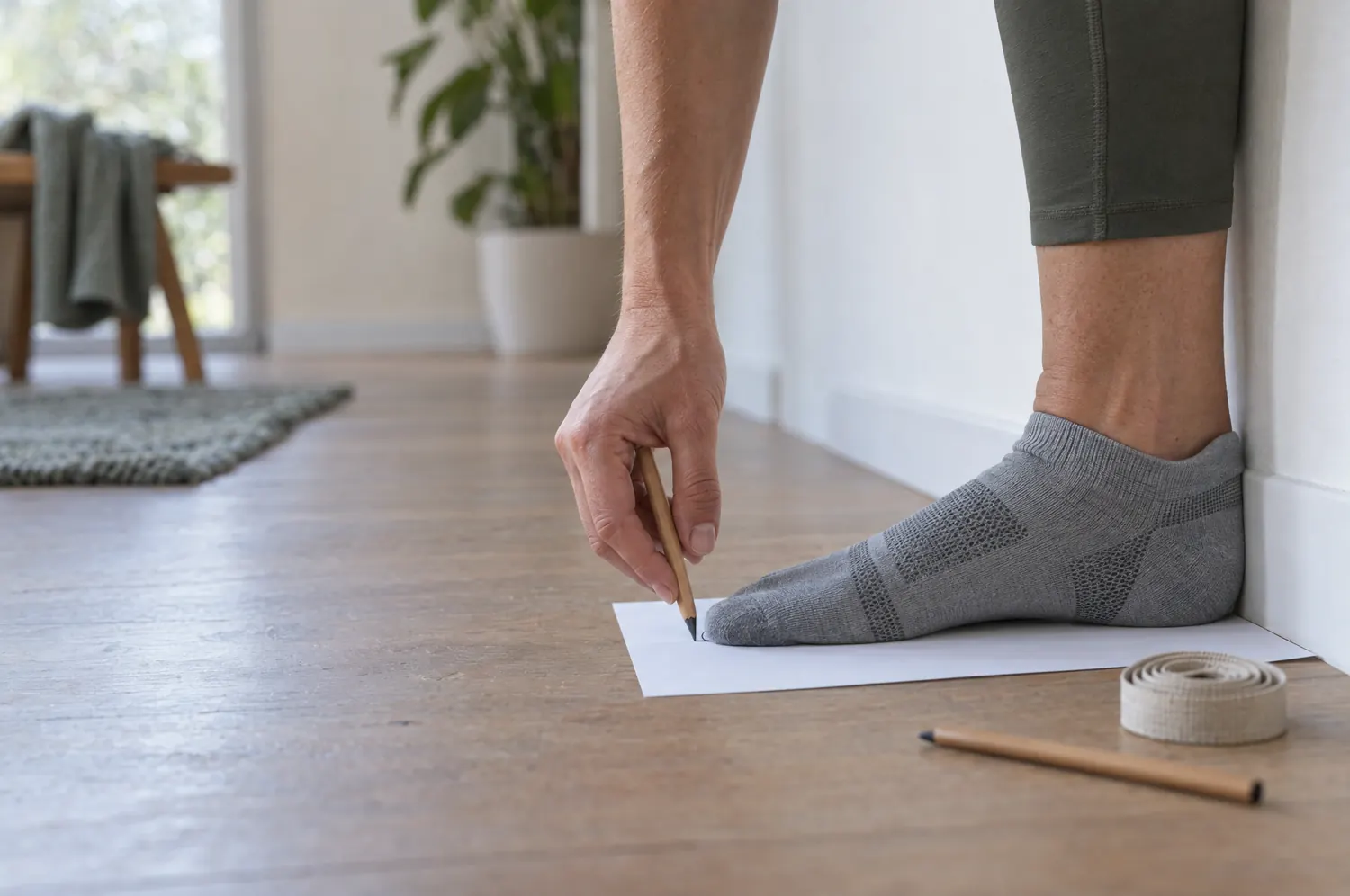 Pied en chaussette posé sur une feuille contre un mur, une main marque au crayon le bout de l’orteil le plus long