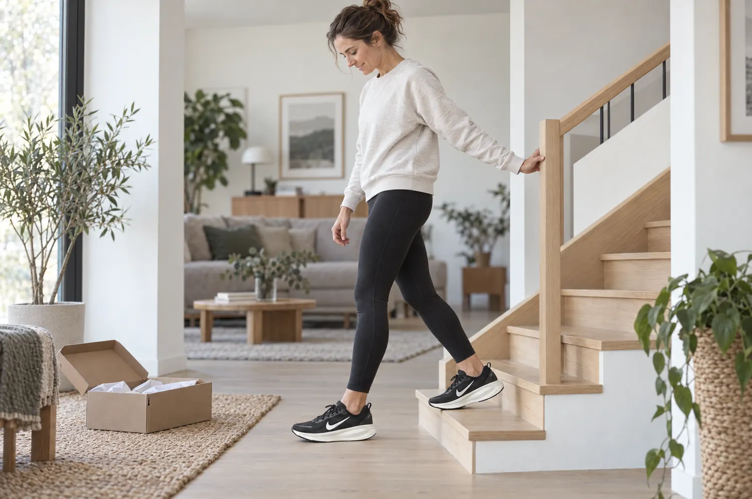 Coureuse qui essaie ses nouvelles chaussures de running chez elle en descendant une marche d’escalier