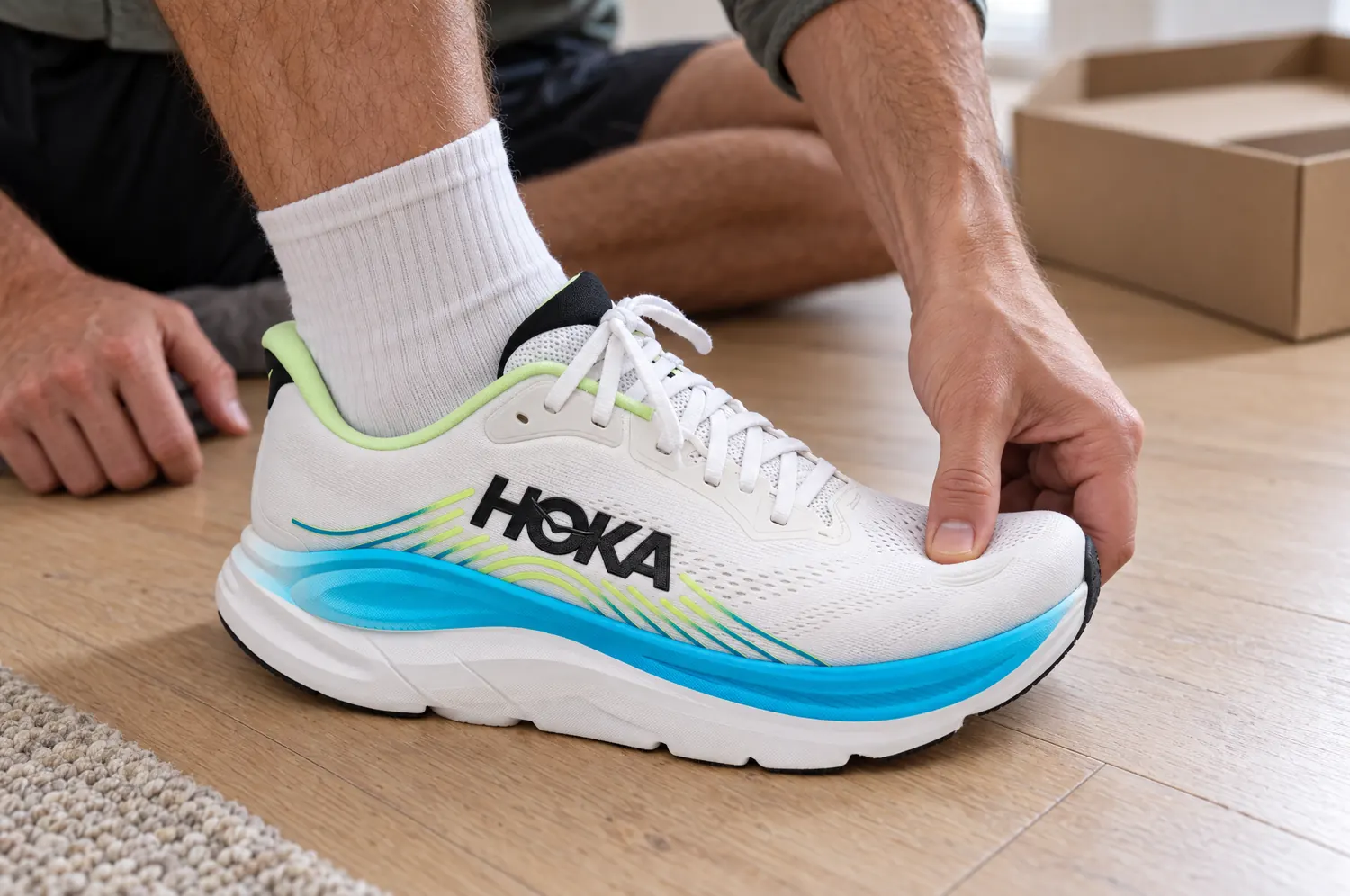 Pouce appuyé sur l’avant d’une chaussure de running pour vérifier la place devant les orteils