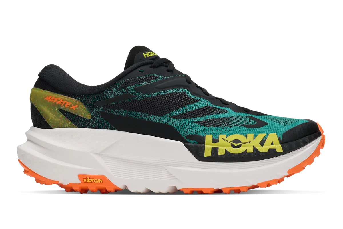 HOKA Mafate X noire et turquoise, vue de profil