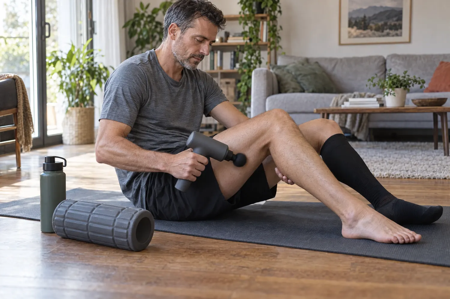 Coureur assis sur un tapis qui passe un pistolet de massage sur sa jambe, une chaussette de compression sur l’autre jambe, un rouleau de massage à côté