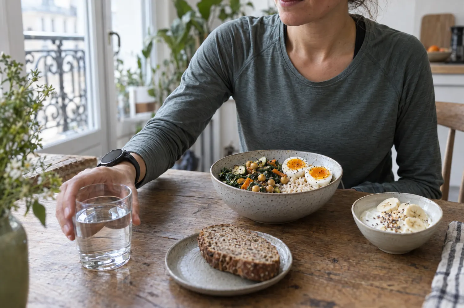 Repas après une course : bol de riz, œufs, légumes et pois chiches, yaourt à la banane, pain complet et verre d’eau