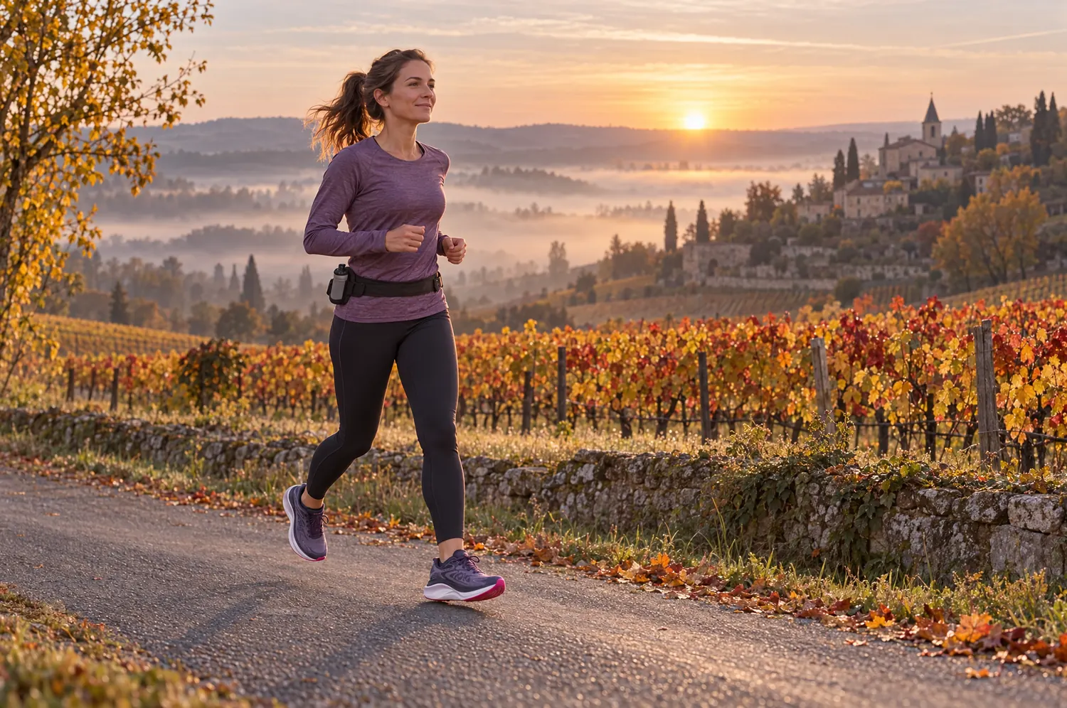 Coureuse en sortie longue à l’aube sur une petite route au milieu des vignes en automne