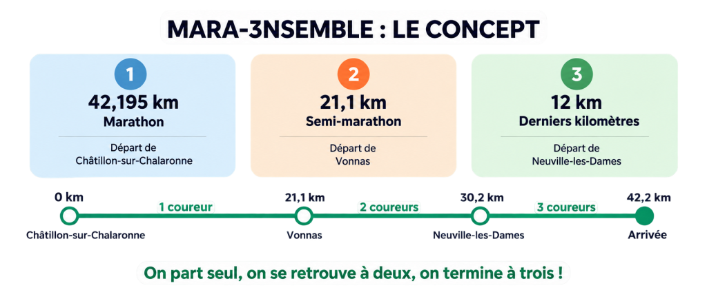 Mara 3nsemble : un coureur part de Châtillon-sur-Chalaronne pour 42,195 km ; un deuxième le rejoint à Vonnas pour 21,1 km ; un troisième à Neuville-les-Dames pour les 12 derniers kilomètres. Les trois terminent ensemble.