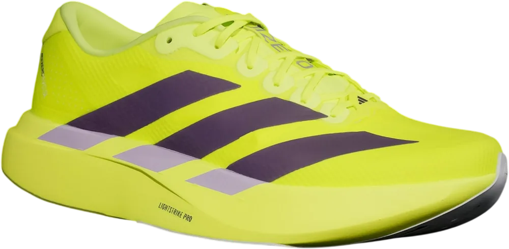 adidas Adizero EVO SL Woven Solar Yellow / Aurora Plum / Powder Plum homme, vue trois quarts