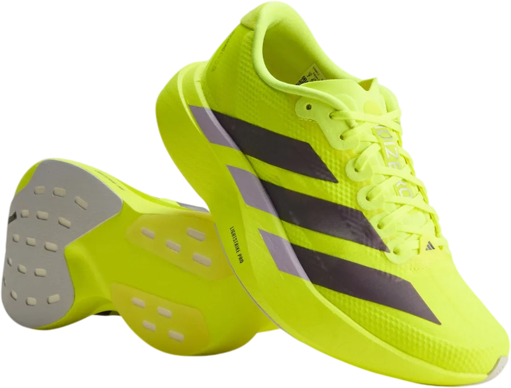 adidas Adizero EVO SL Solar Yellow / Aurora Plum / Powder Plum femme, vue trois quarts