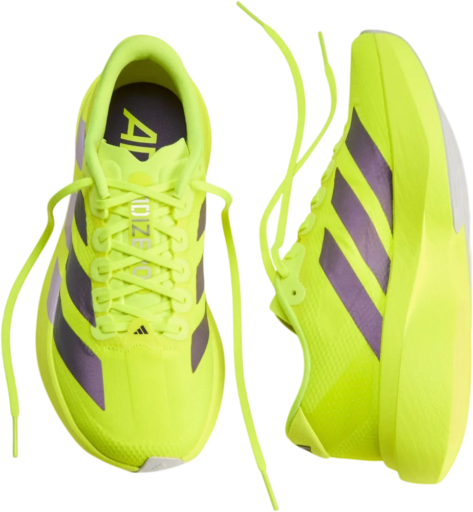 adidas Adizero EVO SL Solar Yellow / Aurora Plum / Powder Plum femme, vue de dessus