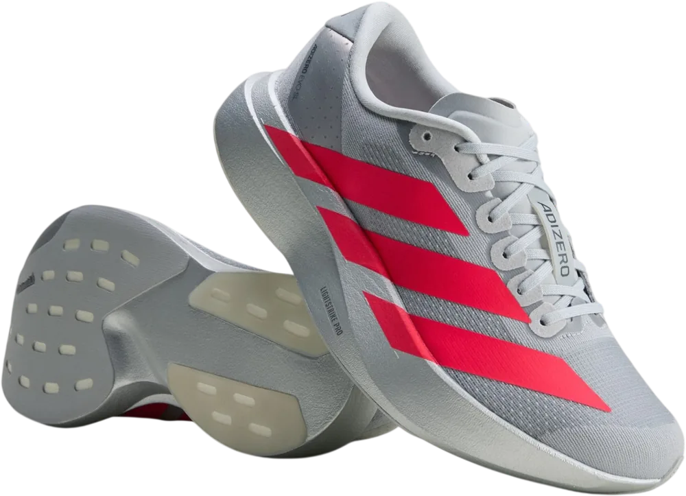adidas Adizero EVO SL Silver Metallic / Lucid Red / Iron Metallic femme, vue trois quarts