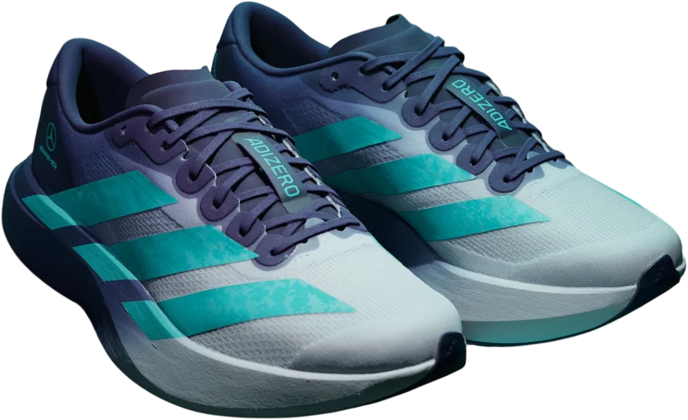 adidas Adizero EVO SL Mercedes-AMG Petronas Blue Tint / Semi Mint Rush / Dark Purple homme, vue trois quarts