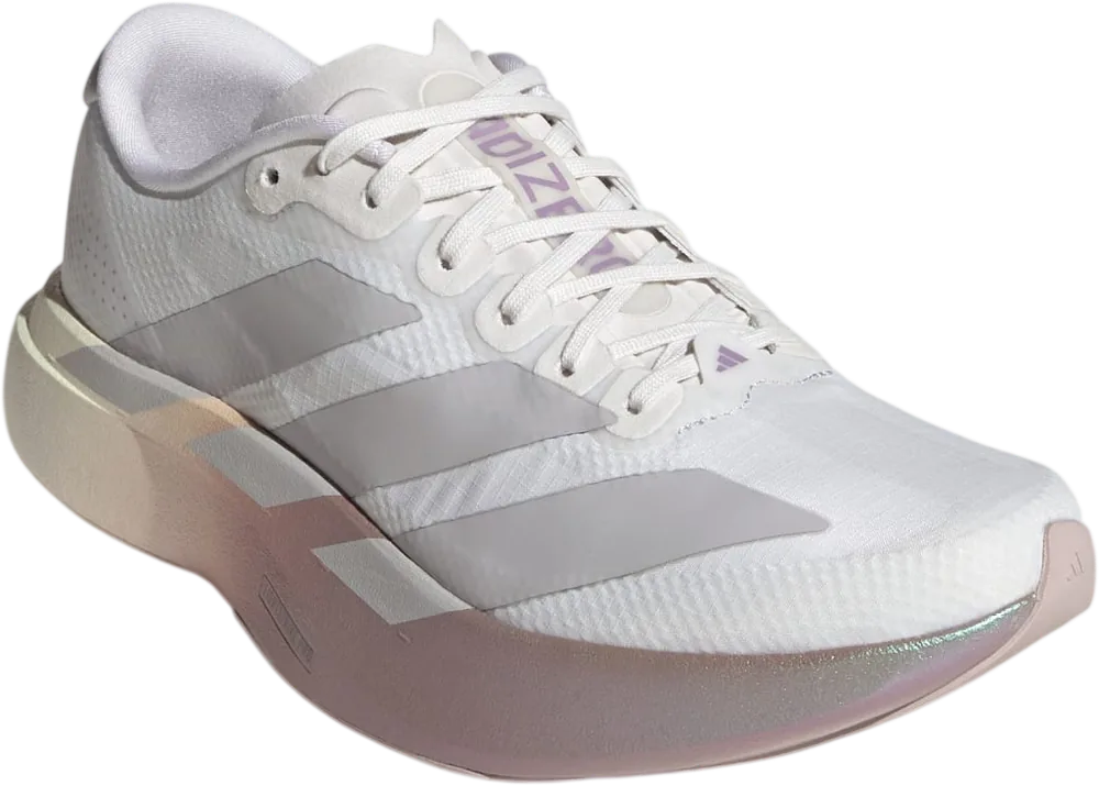 adidas Adizero EVO SL Crystal White / Grey Two / Matt Purple Met. femme, vue trois quarts
