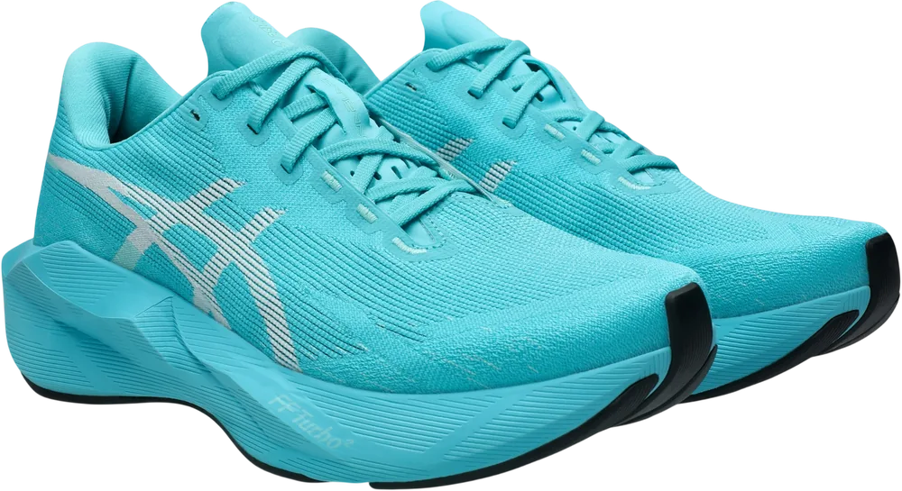 ASICS Novablast 6 Energy Aqua / White homme, vue trois quarts