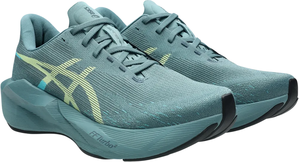 ASICS Novablast 6 Foggy Teal / Illuminate Yellow homme, vue trois quarts