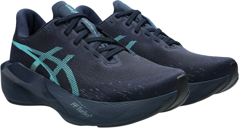 ASICS Novablast 6 Midnight / Energy Aqua homme, vue trois quarts