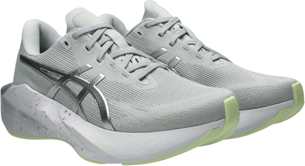 ASICS Novablast 6 Platinum Platinum / Glow Green homme, vue trois quarts