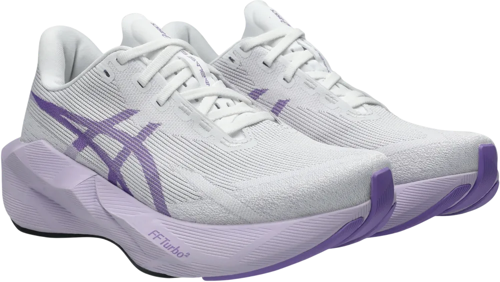 ASICS Novablast 6 White / Murasaki femme, vue trois quarts