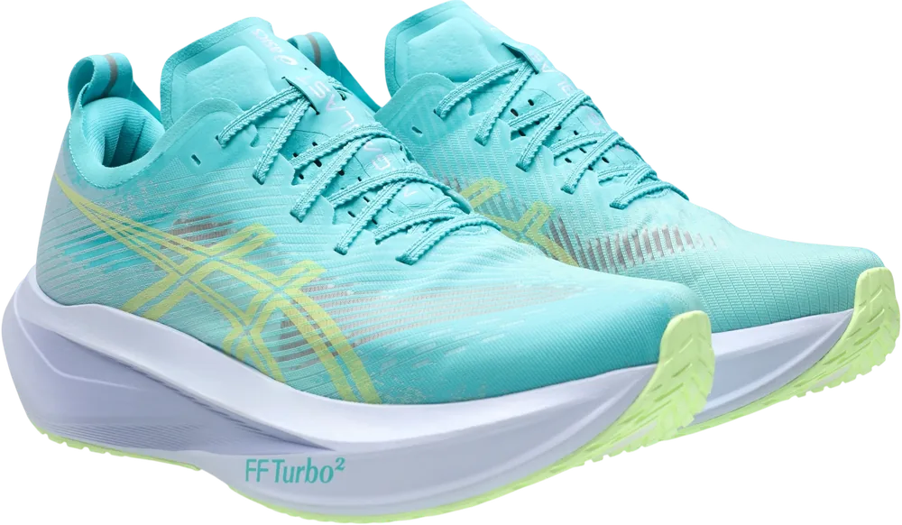 ASICS Megablast Energy Aqua / Blue Fade unisexe, vue trois quarts