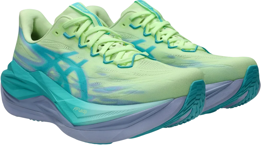ASICS Superblast 3 Illuminate Yellow / Energy Aqua unisexe, vue trois quarts