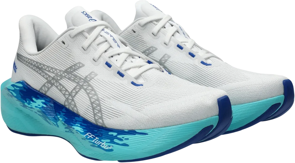 ASICS Novablast 6 Sydney White / Ice Mint homme, vue trois quarts