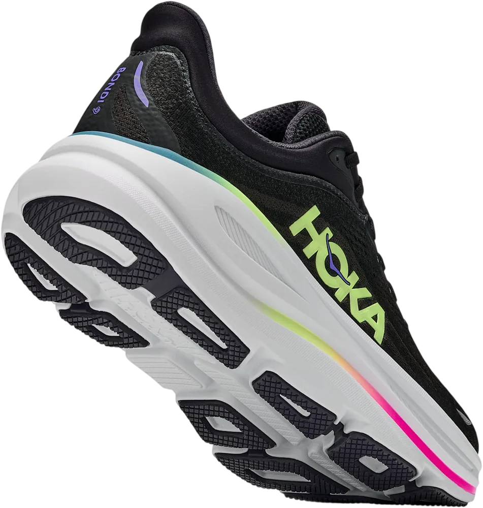 HOKA Bondi 9 Black/Neon Yuzu, vue trois quarts