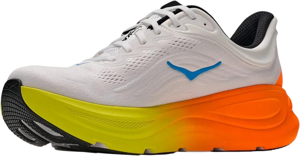 HOKA Bondi 9 White/Neon Tangerine, vue trois quarts