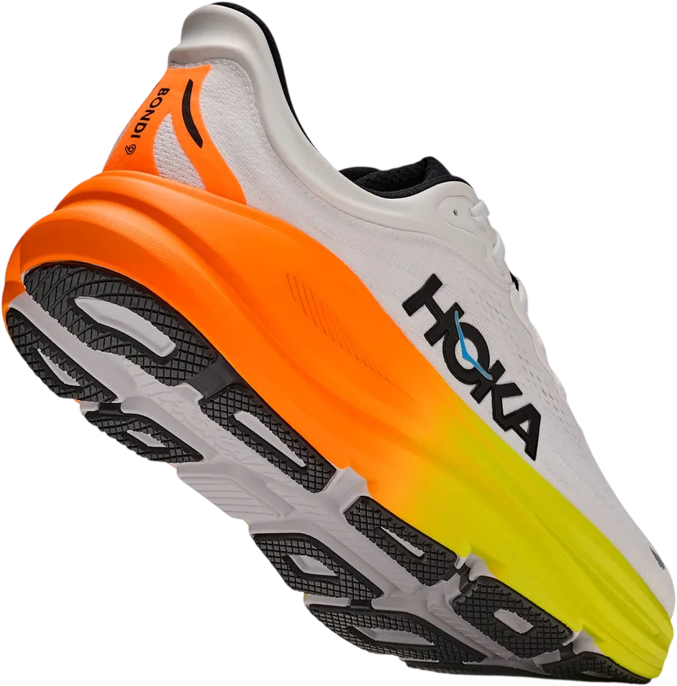 HOKA Bondi 9 White/Neon Tangerine, vue trois quarts