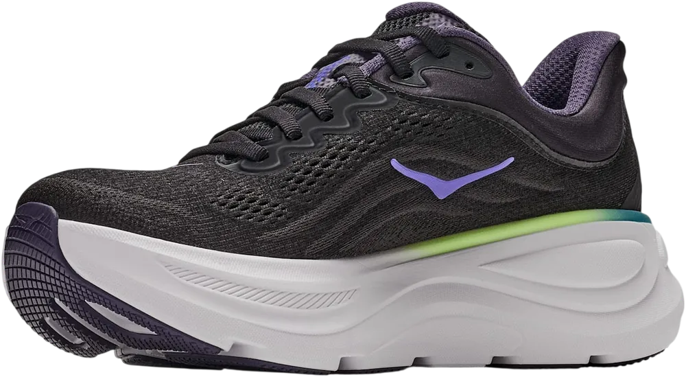 HOKA Bondi 9 Black/Neon Dragonfruit, vue trois quarts
