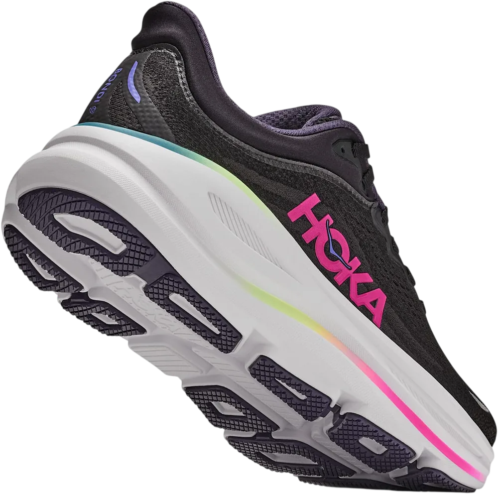 HOKA Bondi 9 Black/Neon Dragonfruit, vue trois quarts